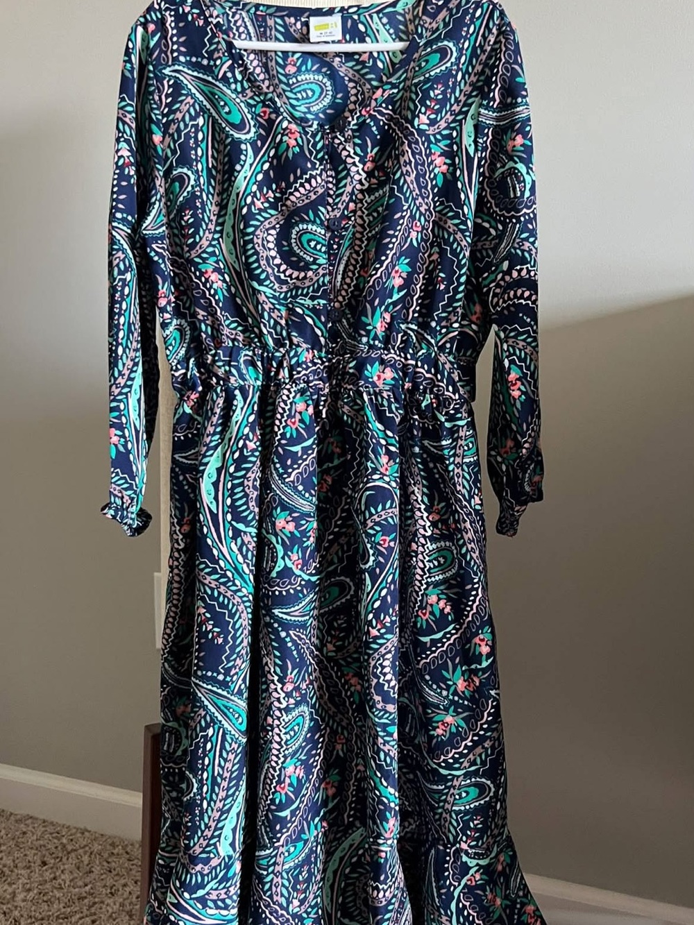 Girls Navy Paisley Long-Sleeve Drawstring Waist Dress